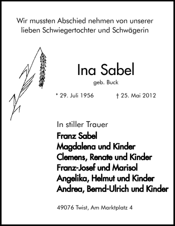 Traueranzeige von Ina Sabel von Neue Osnabrücker Zeitung GmbH & Co. KG
