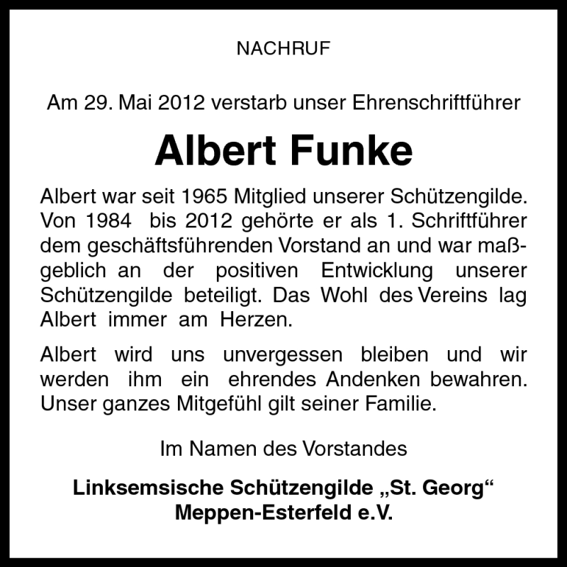  Traueranzeige für Albert Funke vom 04.06.2012 aus Neue Osnabrücker Zeitung GmbH & Co. KG
