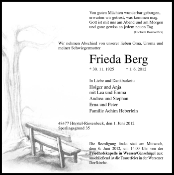 Traueranzeige von Frieda Berg von Neue Osnabrücker Zeitung GmbH & Co. KG