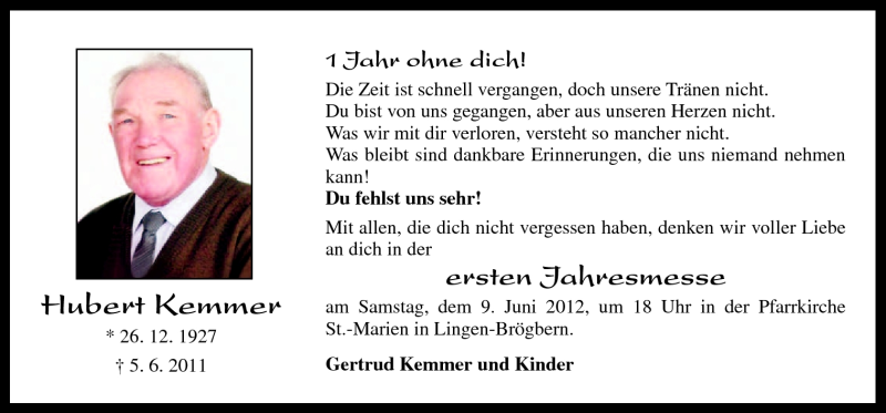  Traueranzeige für Hubert Kemmer vom 05.06.2012 aus Neue Osnabrücker Zeitung GmbH & Co. KG