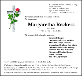 Traueranzeige von Margaretha Reckers von Neue Osnabrücker Zeitung GmbH & Co. KG