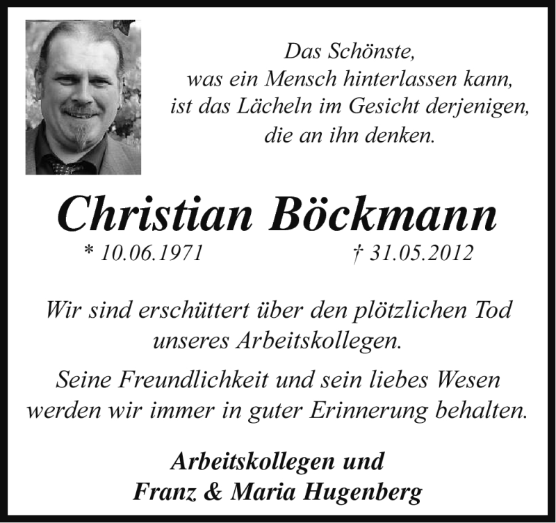  Traueranzeige für Christian Böckmann vom 06.06.2012 aus Neue Osnabrücker Zeitung GmbH & Co. KG