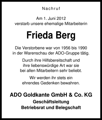 Traueranzeige von Frieda Berg von Neue Osnabrücker Zeitung GmbH & Co. KG