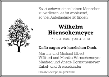 Traueranzeige von Wilhelm Hörnschemeyer von Neue Osnabrücker Zeitung GmbH & Co. KG