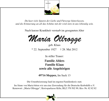 Traueranzeige von Maria Ollrogge von Neue Osnabrücker Zeitung GmbH & Co. KG