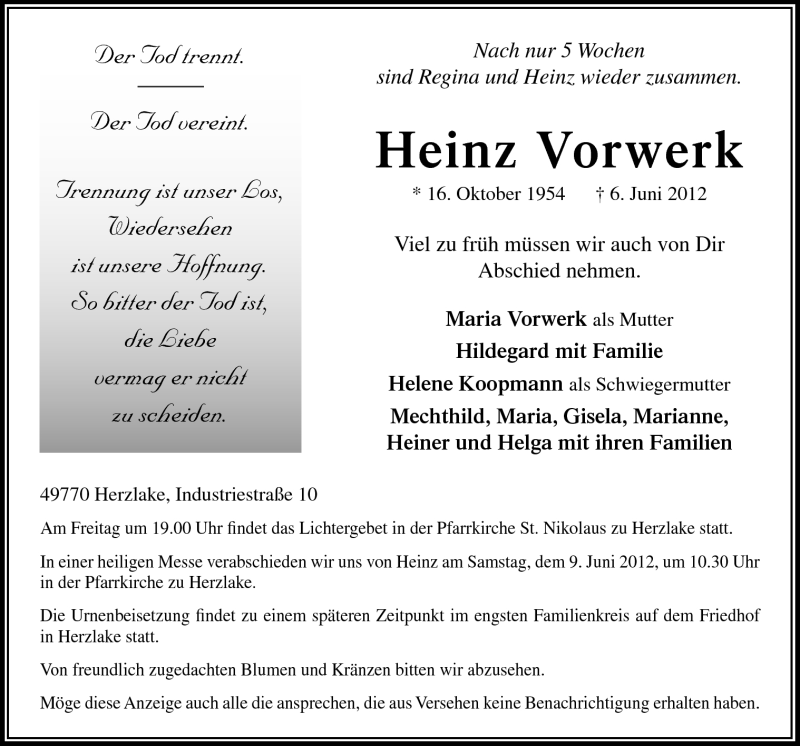  Traueranzeige für Heinz Vorwerk vom 08.06.2012 aus Neue Osnabrücker Zeitung GmbH & Co. KG