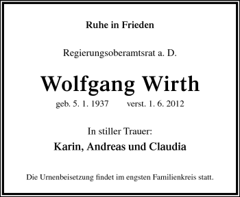 Traueranzeige von Wolfgang Wirth von Neue Osnabrücker Zeitung GmbH & Co. KG