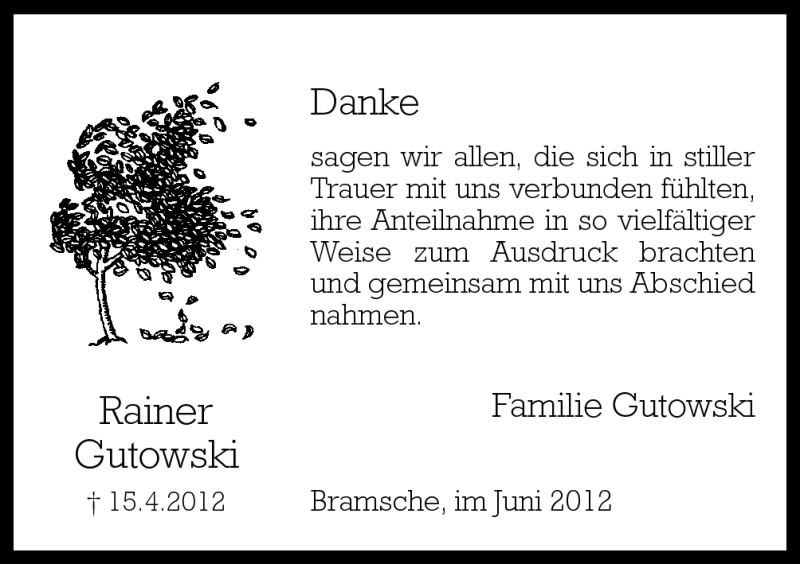 Traueranzeige für Rainer Gutowski vom 09.06.2012 aus Neue Osnabrücker Zeitung GmbH & Co. KG