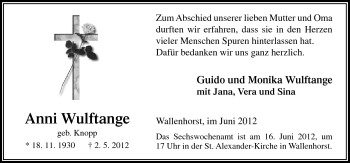 Traueranzeige von Anni Wulftange von Neue Osnabrücker Zeitung GmbH & Co. KG