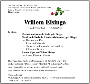 Traueranzeige von Willem Eisinga von Neue Osnabrücker Zeitung GmbH & Co. KG