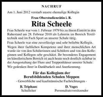 Traueranzeige von Rita Scheele von Neue Osnabrücker Zeitung GmbH & Co. KG