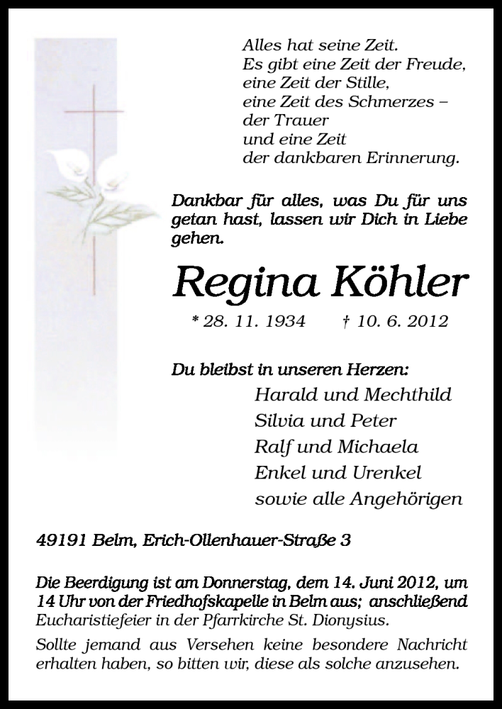  Traueranzeige für Regina Köhler vom 12.06.2012 aus Neue Osnabrücker Zeitung GmbH & Co. KG