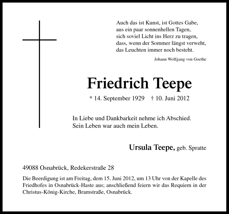  Traueranzeige für Friedrich Teepe vom 13.06.2012 aus Neue Osnabrücker Zeitung GmbH & Co. KG
