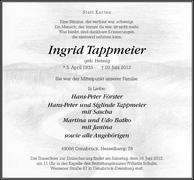 Traueranzeige für Ingrid Tappmeier vom 13.06.2012 aus Neue Osnabrücker Zeitung GmbH & Co. KG