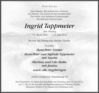 Traueranzeige von Ingrid Tappmeier von Neue Osnabrücker Zeitung GmbH & Co. KG