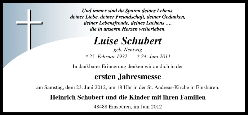  Traueranzeige für Luise Schubert vom 20.06.2012 aus Neue Osnabrücker Zeitung GmbH & Co. KG