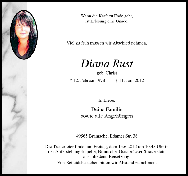  Traueranzeige für Diana Rust vom 14.06.2012 aus Neue Osnabrücker Zeitung GmbH & Co. KG