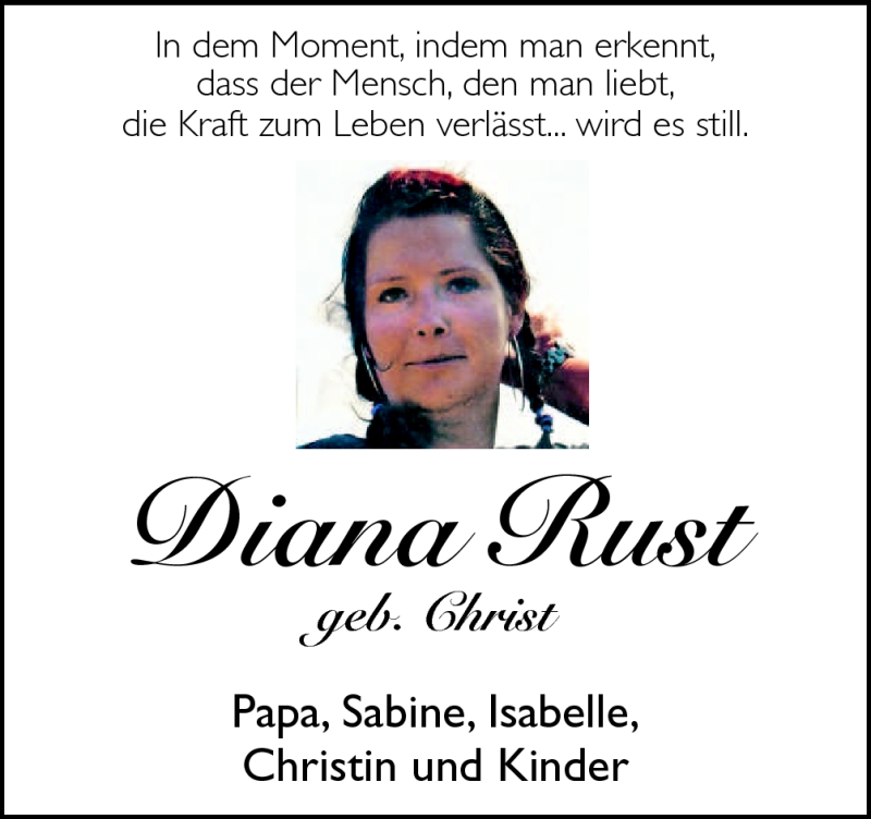  Traueranzeige für Diana Rust vom 14.06.2012 aus Neue Osnabrücker Zeitung GmbH & Co. KG