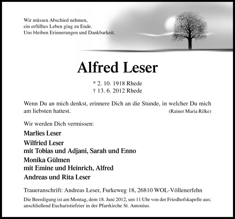  Traueranzeige für Alfred Leser vom 15.06.2012 aus Neue Osnabrücker Zeitung GmbH & Co. KG