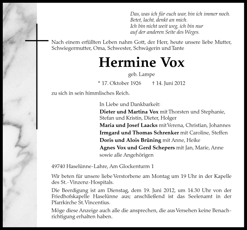  Traueranzeige für Hermine Vox vom 16.06.2012 aus Neue Osnabrücker Zeitung GmbH & Co. KG