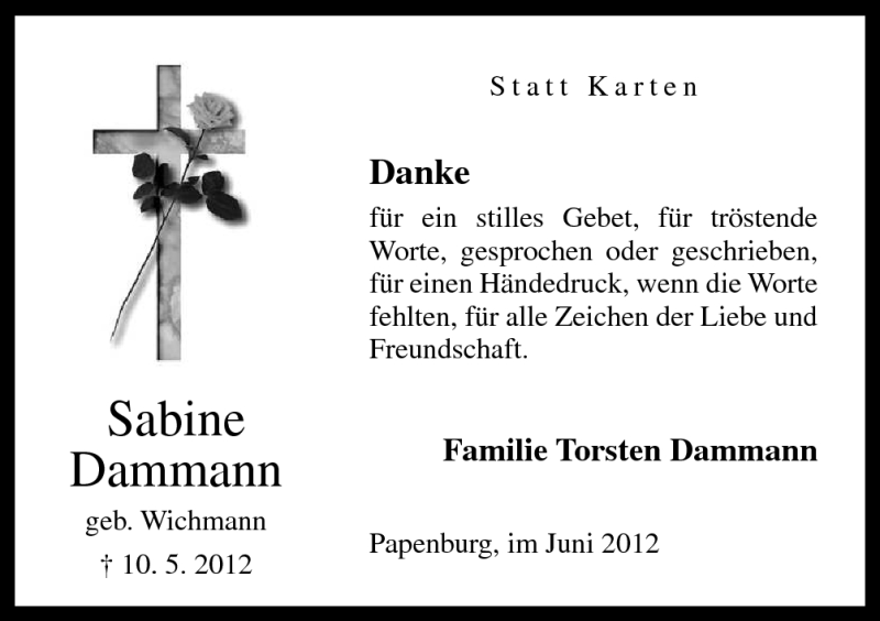  Traueranzeige für Sabine Dammann vom 16.06.2012 aus Neue Osnabrücker Zeitung GmbH & Co. KG