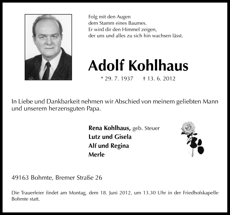  Traueranzeige für Adolf Kohlhaus vom 16.06.2012 aus Neue Osnabrücker Zeitung GmbH & Co. KG
