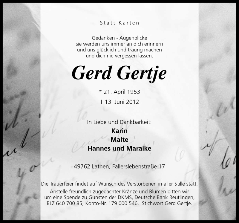  Traueranzeige für Gerd Gertje vom 16.06.2012 aus Neue Osnabrücker Zeitung GmbH & Co. KG