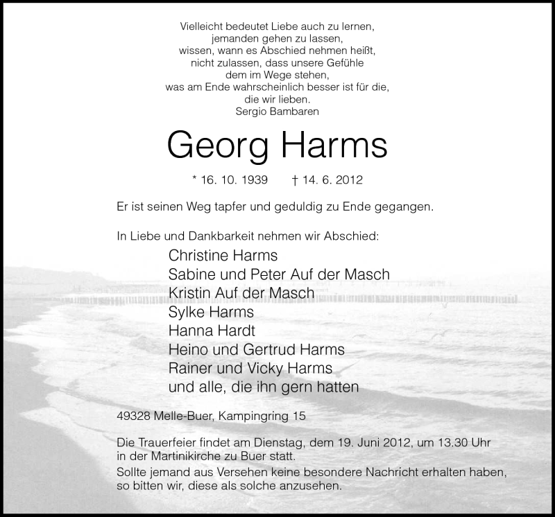  Traueranzeige für Georg Harms vom 16.06.2012 aus Neue Osnabrücker Zeitung GmbH & Co. KG