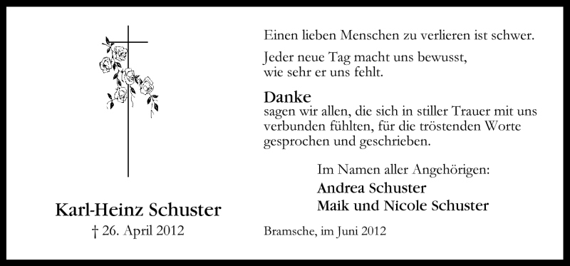  Traueranzeige für Karl-Heinz Schuster vom 16.06.2012 aus Neue Osnabrücker Zeitung GmbH & Co. KG