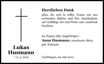 Traueranzeige von Lukas Husmann von Neue Osnabrücker Zeitung GmbH & Co. KG
