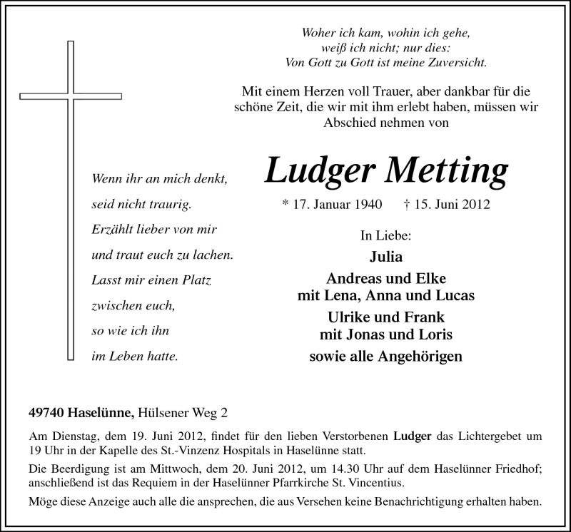  Traueranzeige für Ludger Metting vom 18.06.2012 aus Neue Osnabrücker Zeitung GmbH & Co. KG