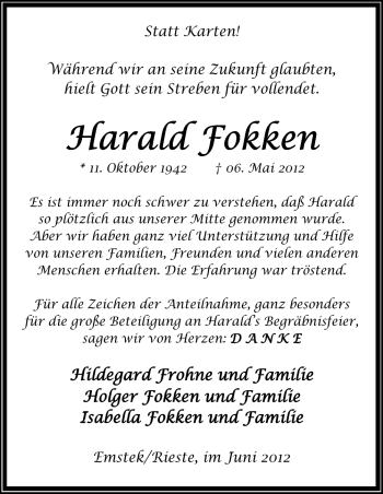 Traueranzeige von Harald Fokken von Neue Osnabrücker Zeitung GmbH & Co. KG