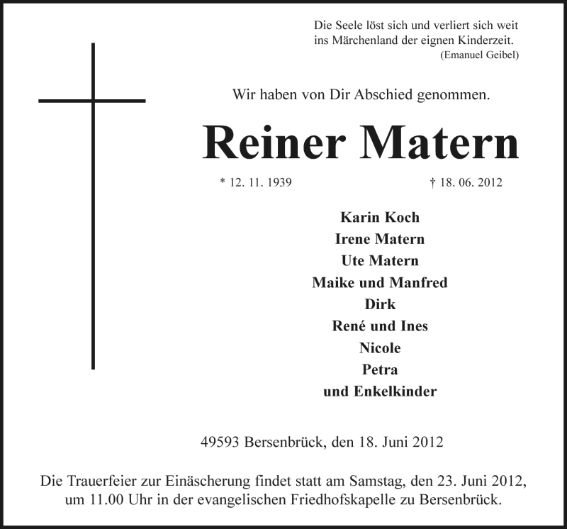  Traueranzeige für Reiner Matern vom 20.06.2012 aus Neue Osnabrücker Zeitung GmbH & Co. KG