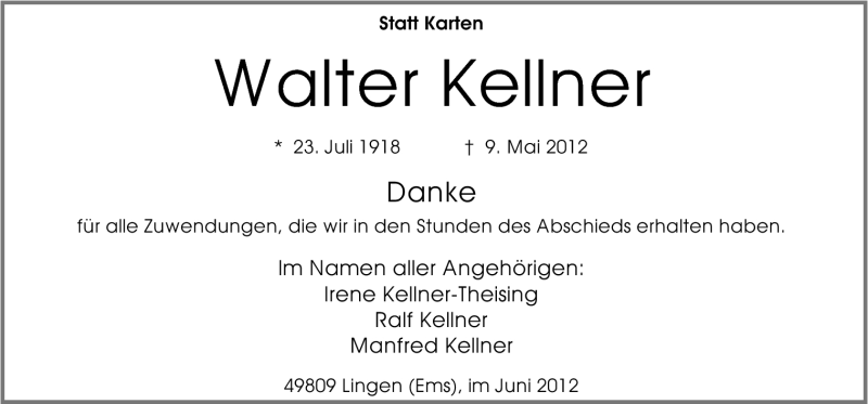  Traueranzeige für Walter Kellner vom 23.06.2012 aus Neue Osnabrücker Zeitung GmbH & Co. KG