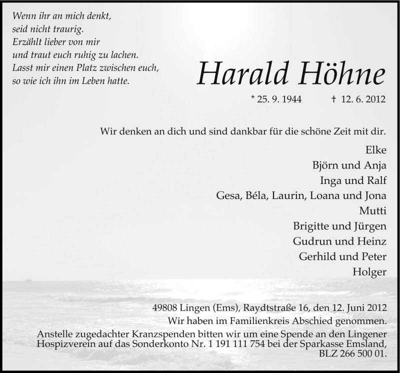  Traueranzeige für Harald Höhne vom 21.06.2012 aus Neue Osnabrücker Zeitung GmbH & Co. KG