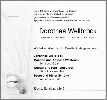 Traueranzeige von Dorothea Wellbrock von Neue Osnabrücker Zeitung GmbH & Co. KG