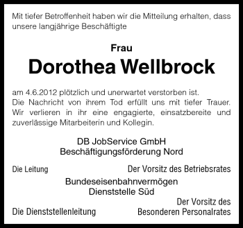 Traueranzeige von Dorothea Wellbrock von Neue Osnabrücker Zeitung GmbH & Co. KG