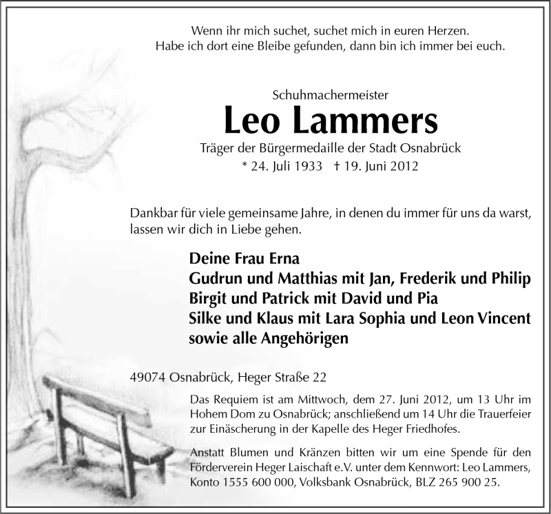  Traueranzeige für Leo Lammers vom 22.06.2012 aus Neue Osnabrücker Zeitung GmbH & Co. KG