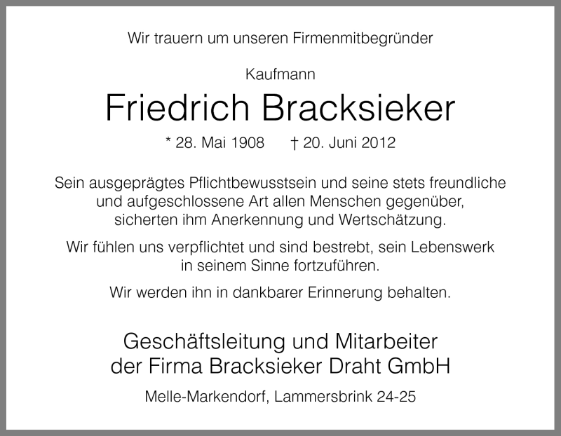  Traueranzeige für Friedrich Bracksieker vom 22.06.2012 aus Neue Osnabrücker Zeitung GmbH & Co. KG