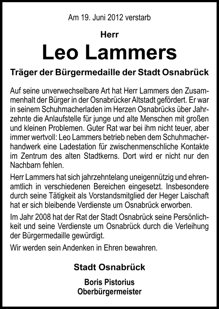  Traueranzeige für Leo Lammers vom 22.06.2012 aus Neue Osnabrücker Zeitung GmbH & Co. KG