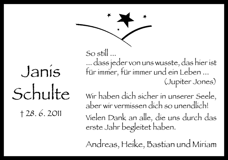  Traueranzeige für Janis Schulte vom 28.06.2012 aus Neue Osnabrücker Zeitung GmbH & Co. KG