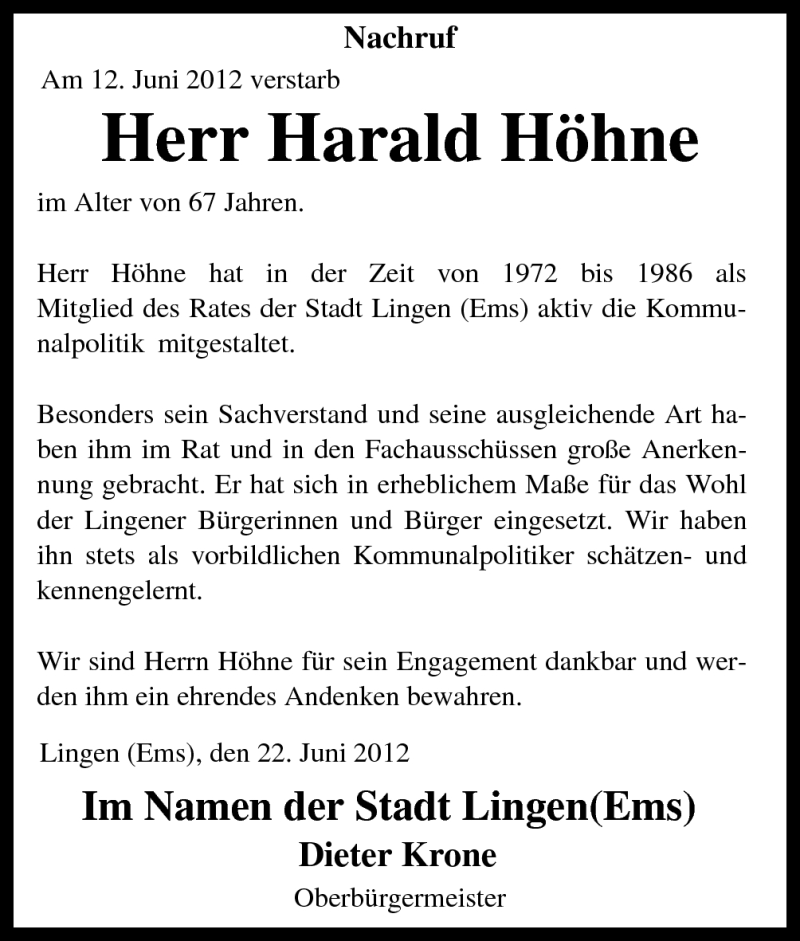  Traueranzeige für Harald Höhne vom 23.06.2012 aus Neue Osnabrücker Zeitung GmbH & Co. KG