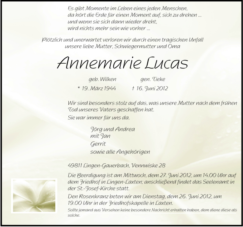  Traueranzeige für Annemarie Lucas vom 25.06.2012 aus Neue Osnabrücker Zeitung GmbH & Co. KG