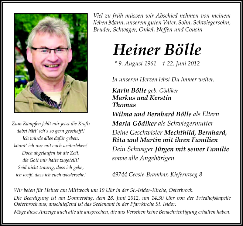  Traueranzeige für Heiner Bölle vom 25.06.2012 aus Neue Osnabrücker Zeitung GmbH & Co. KG