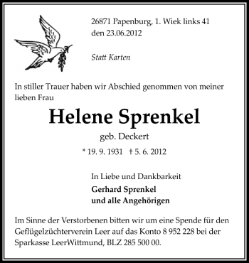 Traueranzeige von Helene Sprenkel von Neue Osnabrücker Zeitung GmbH & Co. KG