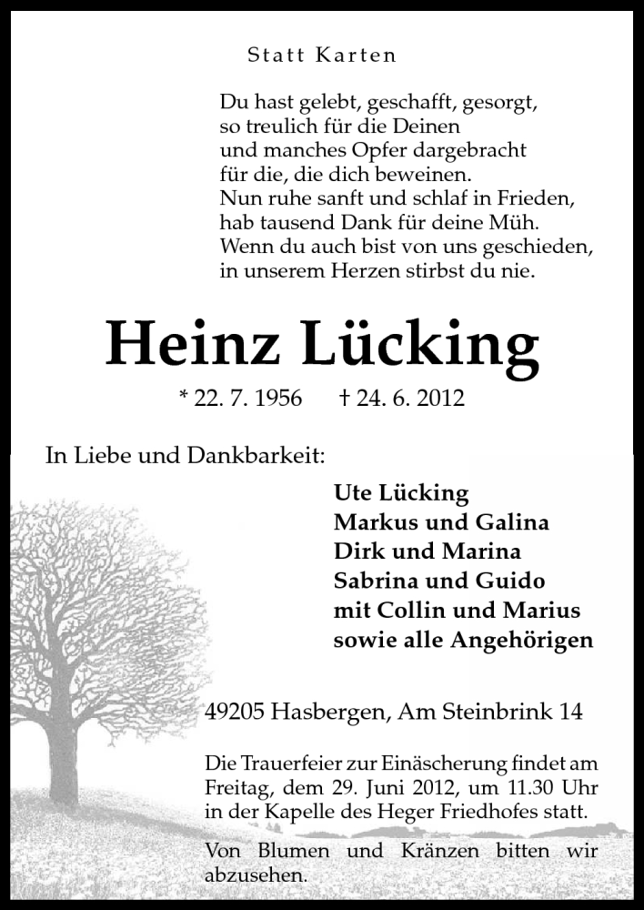  Traueranzeige für Heinz Lücking vom 27.06.2012 aus Neue Osnabrücker Zeitung GmbH & Co. KG