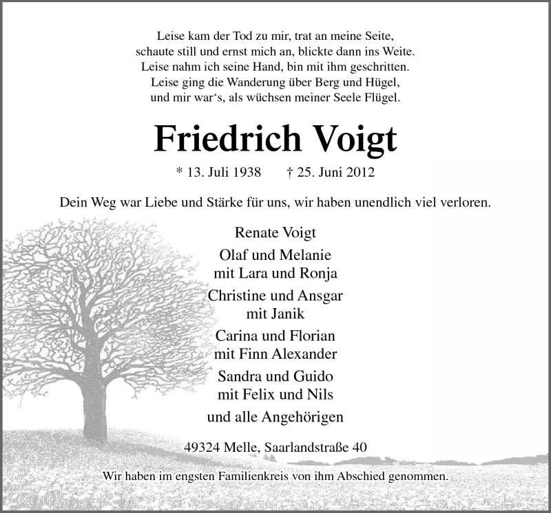 Traueranzeige für Friedrich Voigt vom 30.06.2012 aus Neue Osnabrücker Zeitung GmbH & Co. KG
