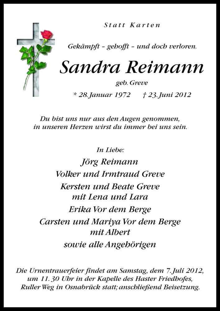  Traueranzeige für Sandra Reimann vom 30.06.2012 aus Neue Osnabrücker Zeitung GmbH & Co. KG