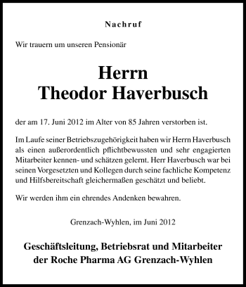 Traueranzeige von Theodor Haverbusch von Neue Osnabrücker Zeitung GmbH & Co. KG