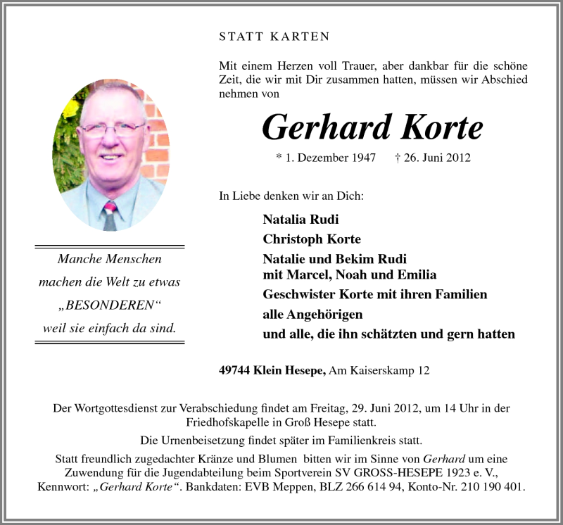  Traueranzeige für Gerhard Korte vom 28.06.2012 aus Neue Osnabrücker Zeitung GmbH & Co. KG